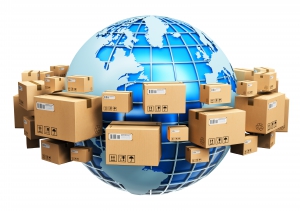 Creative abstract global logistics, shipping and worldwide delivery business concept: blue Earth planet globe surrounded by heap of stacked corrugated cardboard boxes with parcel goods isolated on white background